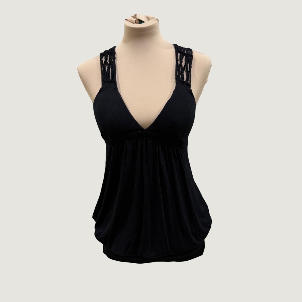 Twenty One Babydoll Tank Top Black Size M Boho Y2K Macrame Racerback Bubble Hem